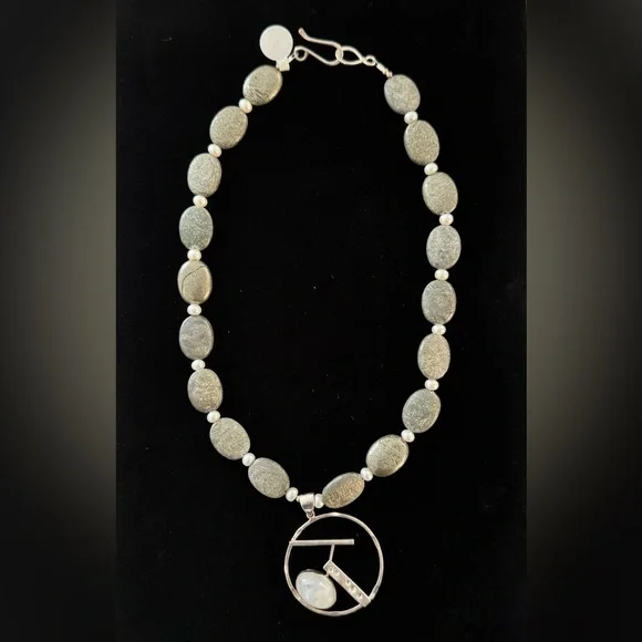 NWOT Jasper Beaded Necklace with Moonstone 925 Pendant - Picture 2 of 9
